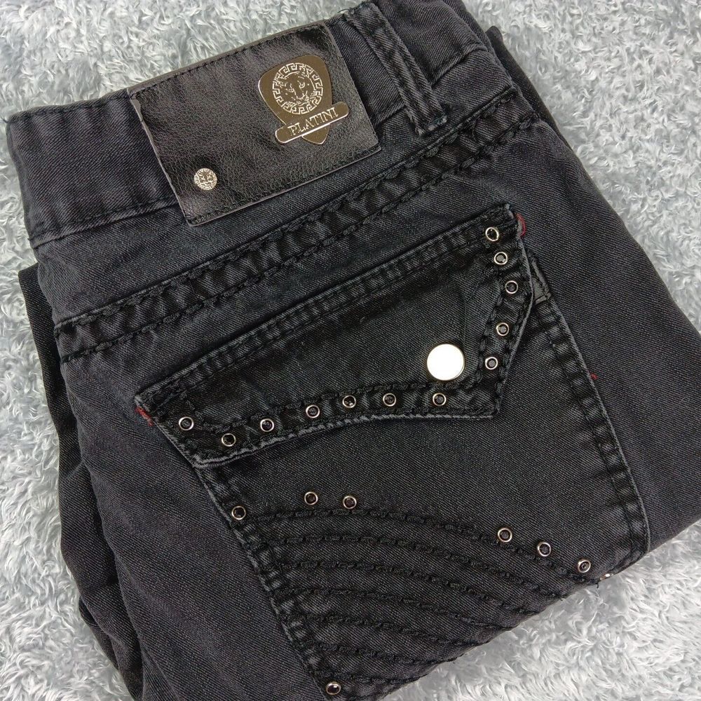 Platini Mens 36x28 Cougar Mid Rise Black Denim‎ Beaded Straight Leg Jeans